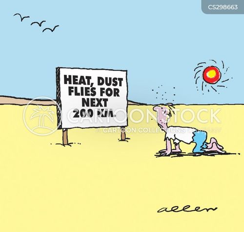 Man in desert, sign reads: Heat, dust flies for next 200km.